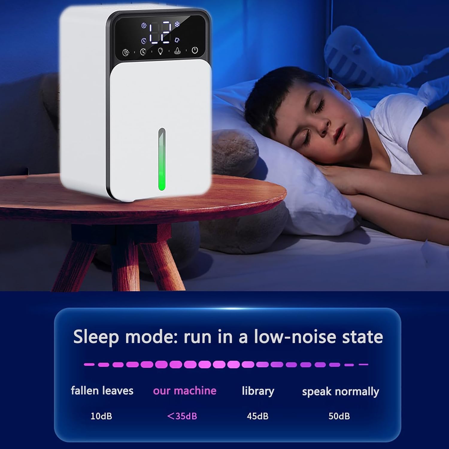 Cichy, przenośny osuszacz powietrza o pojemności 200 ml, 3 tryby pracy, inteligentny ekran dotykowy, 24-godzinny timer i 7-kolorowe oświetlenie LED - 5