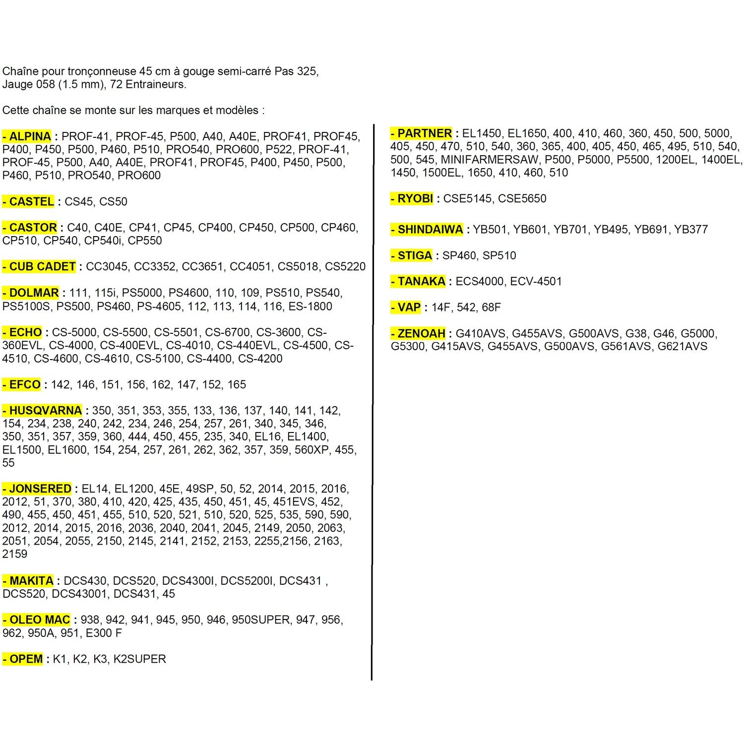 Chaîne 45cm pour tronçonneuse 325-058-1,5mm-72E correspondance Oregon 21BPX072E - 2