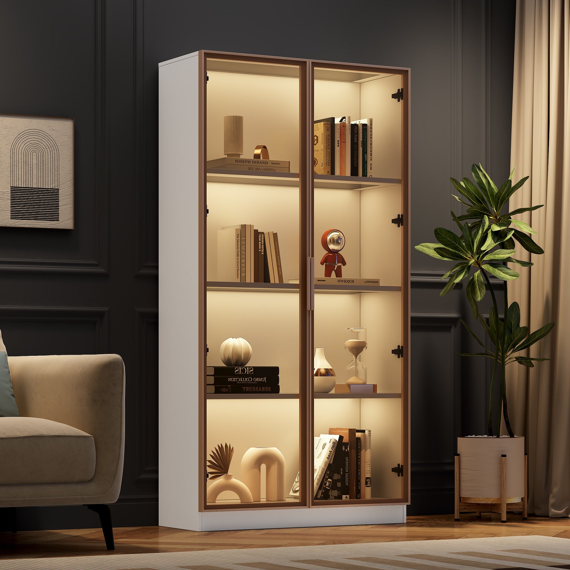 Vitrine en verre blanc avec éclairage LED 16 couleurs, meuble vitrine à double porte avec étagères mobiles, 80x40x160 cm - 3