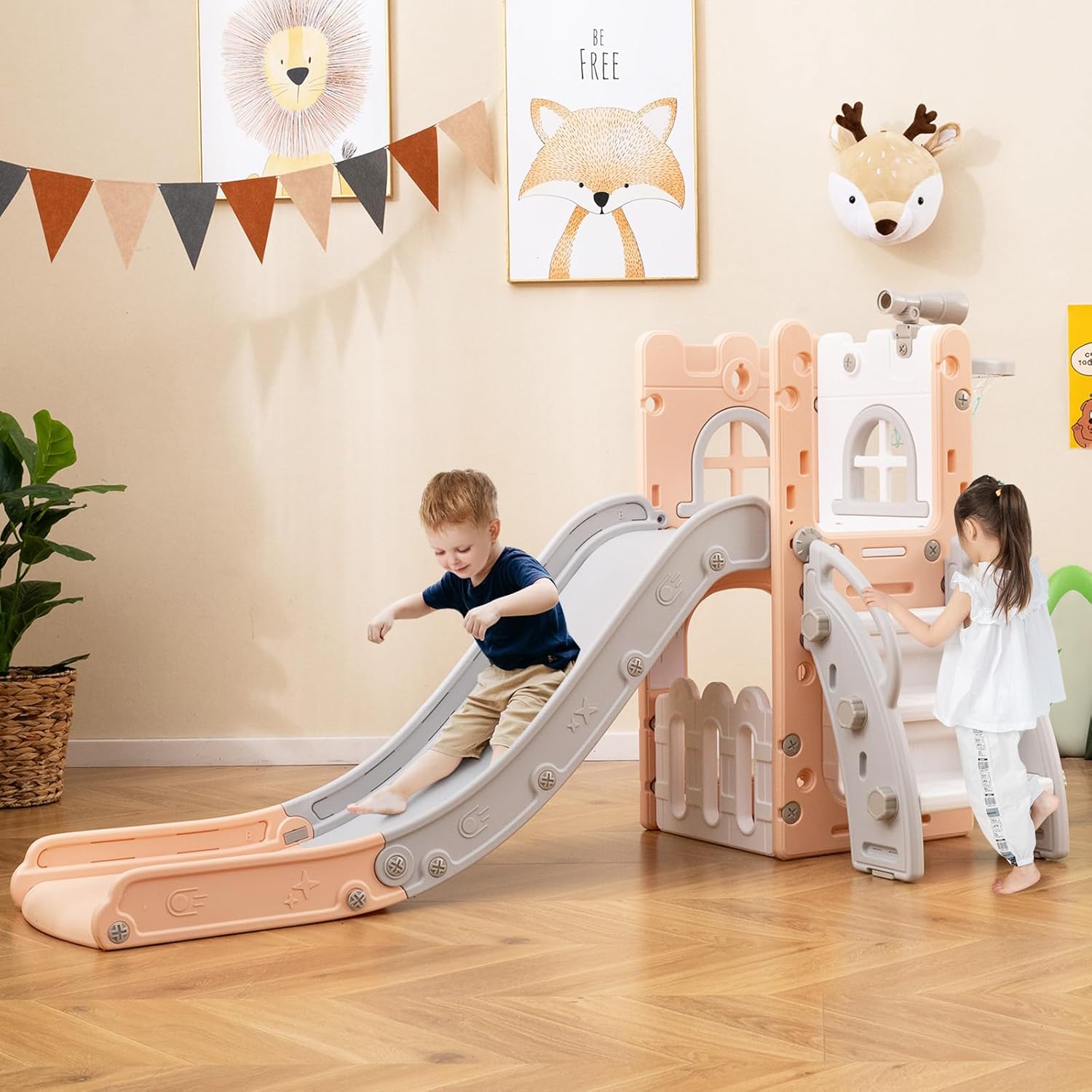 7 En 1 Toboggan Interieur Enfants, Aire De Jeux Avec Échelle, Panier De