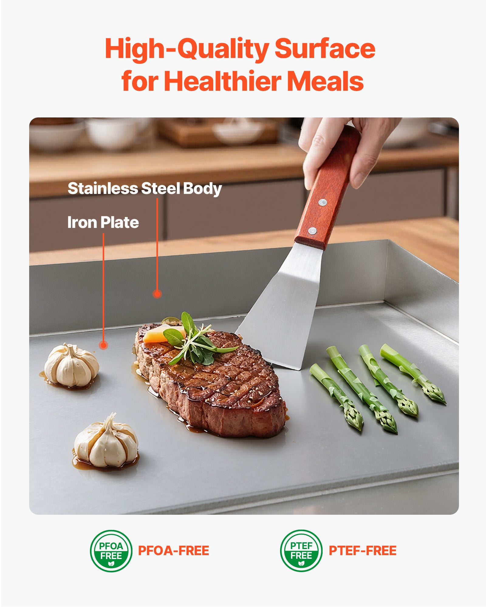Plancha Électrique VEVOR 2800 W 45x30 cm, Plaque à Snacker avec Température Réglable 50 à 300 °C, Plaque Cuisson Lisse, avec 2 Spatules et 2 Pinceaux - 5