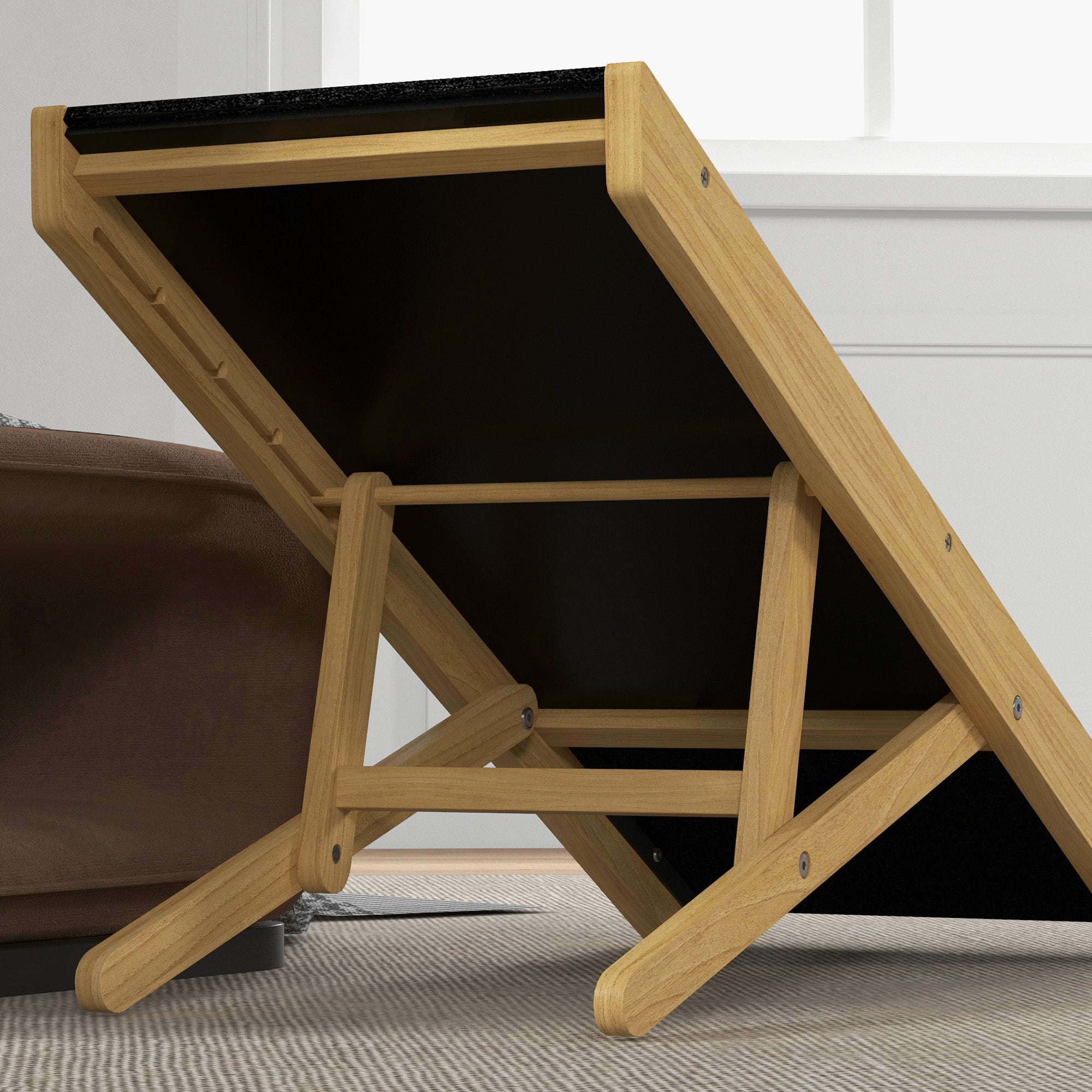 Rampa para Mascotas PawHut Madera de Pino, Poliéster Natural y Negro 83.5x35x47.5 cm - 4