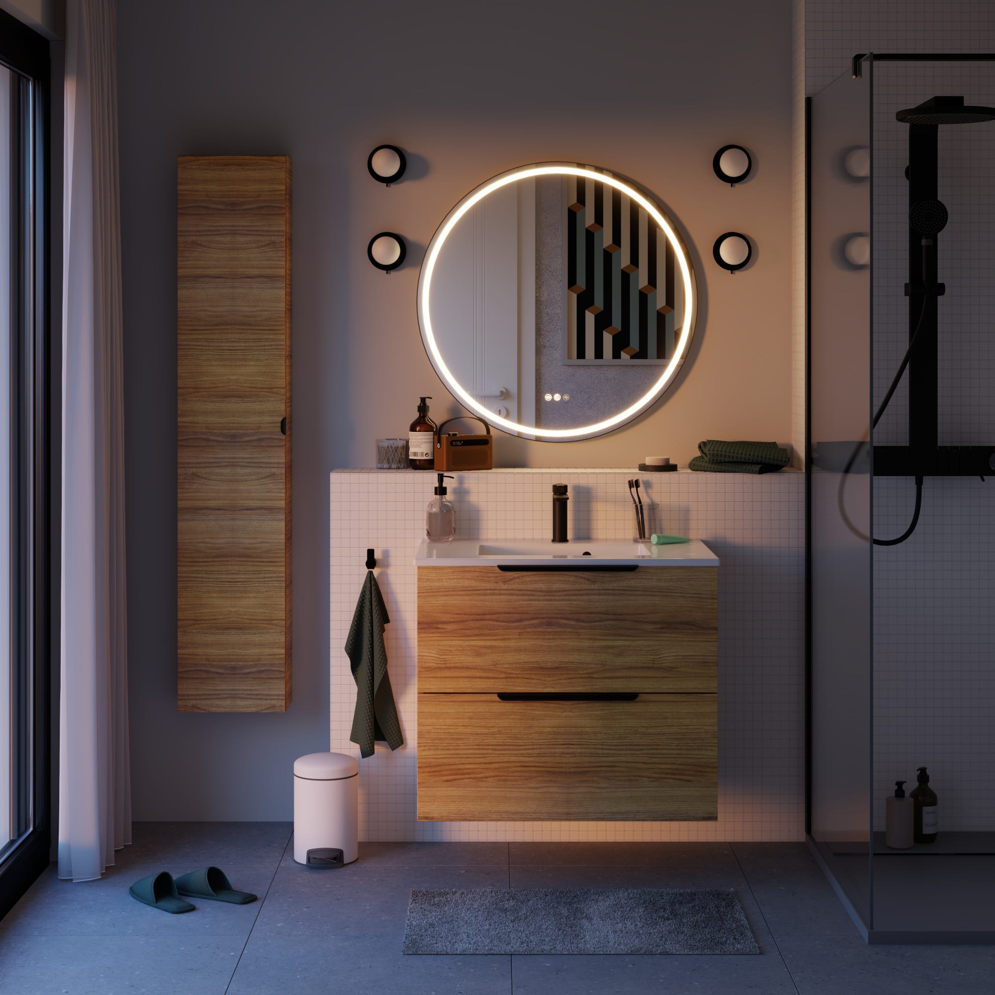 Miroir de salle de bain avec éclairage LED maquillage, Remix noir avec anti-buée, tactile 80x80 cm - 8