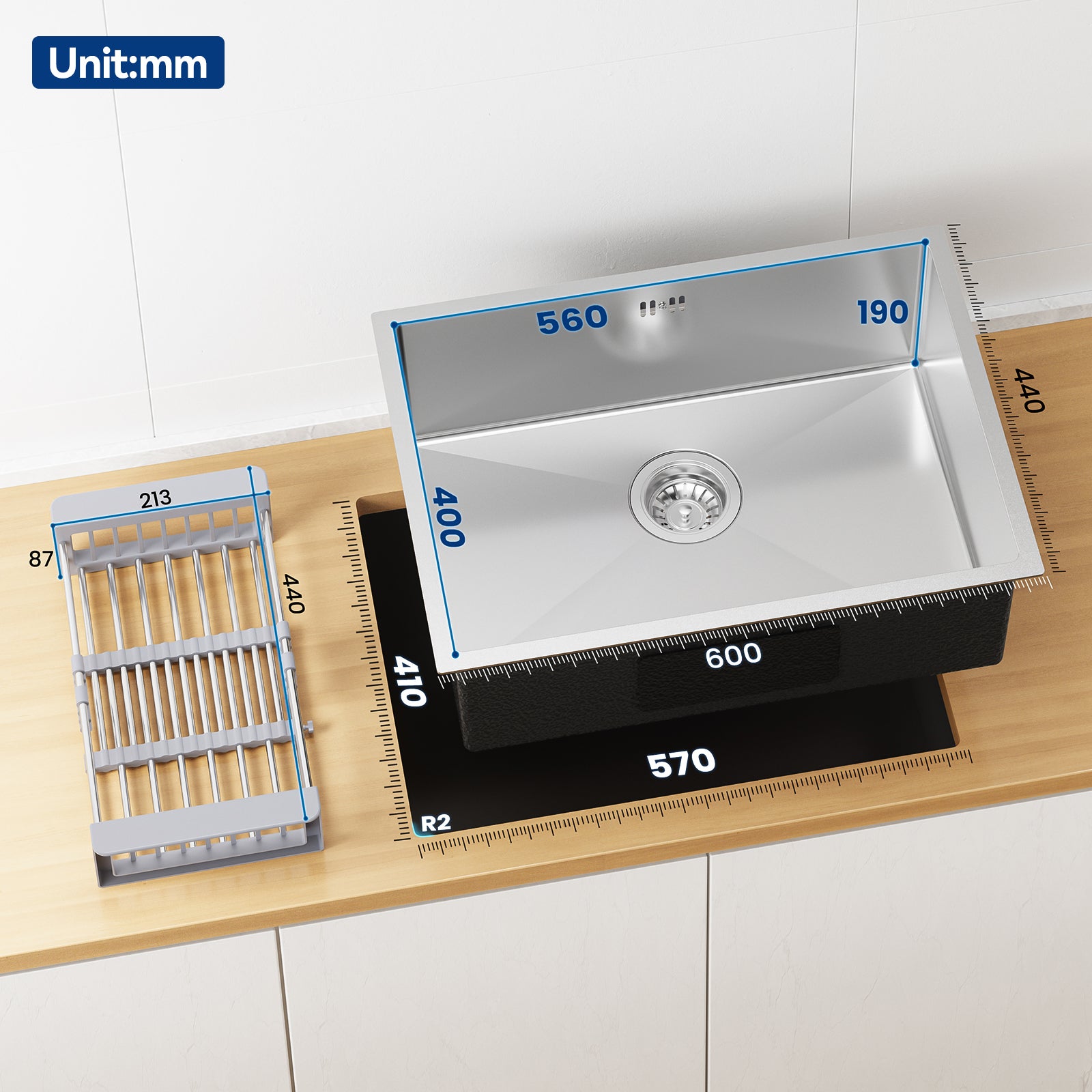 Auralum max Évier Inox, Évier Cuisine 1 Bac 60*44cm Avec Panier de Drainage, Évier Cuisine Argent - 6