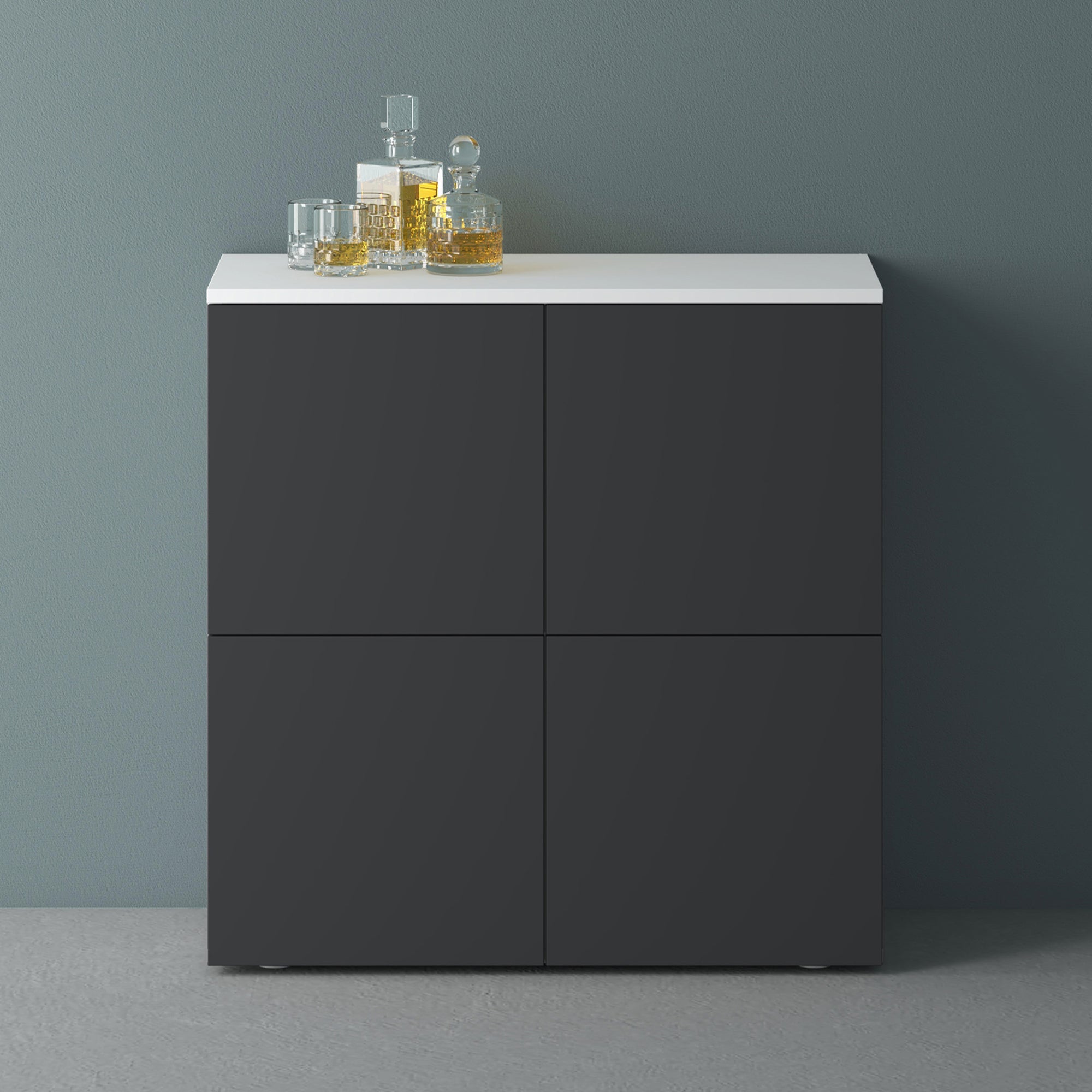 Mai & Mai Meuble Rangement 4 Portes 4 Compartiments - Buffet Blanc Mat 76x36.4x74 Cm, Push-to-Open, Séparateurs Réglables, Design Moderne