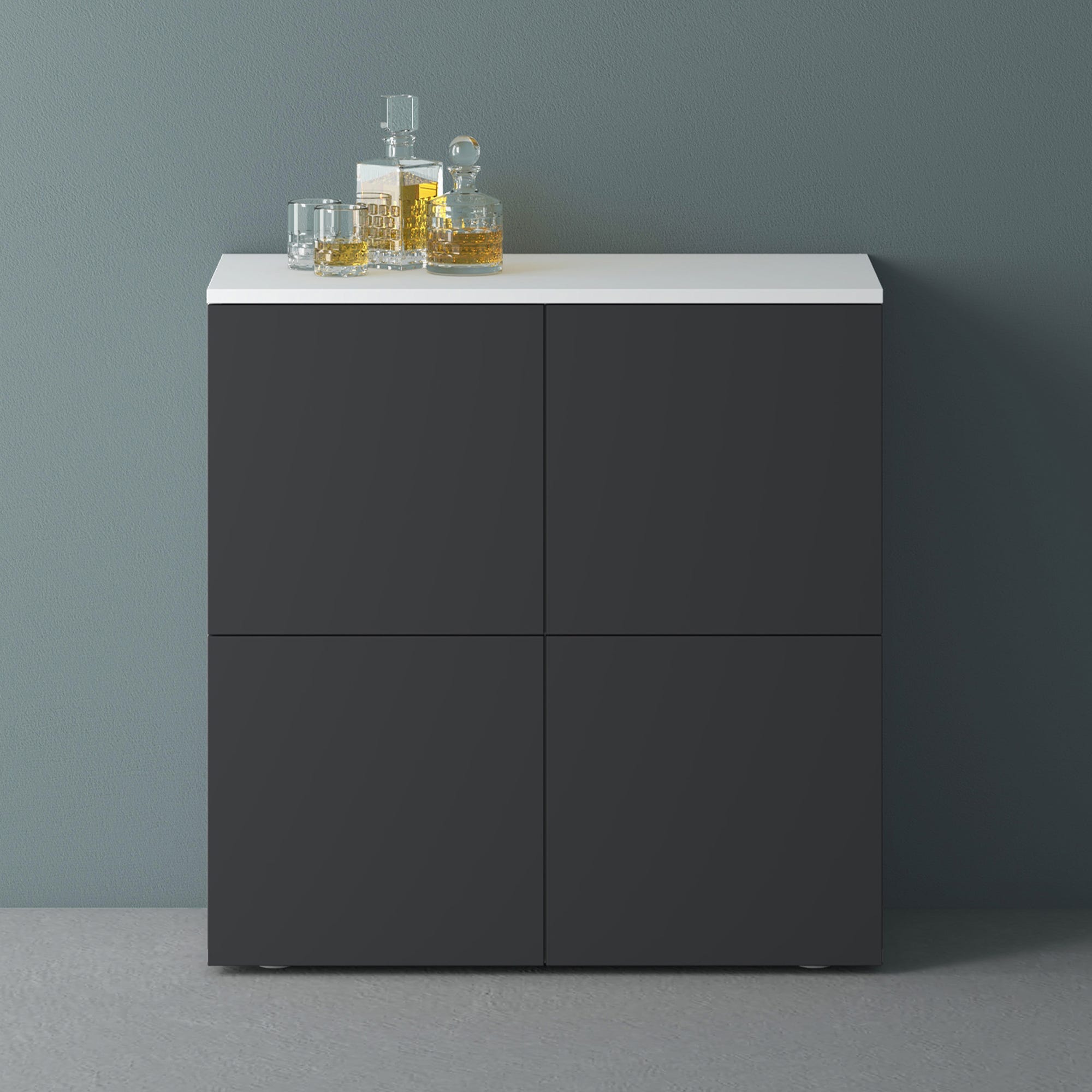 Mai & Mai Meuble Rangement 4 Portes 4 Compartiments - Buffet Blanc Mat 76x36.4x74 Cm, Push-to-Open, Séparateurs Réglables, Design Moderne