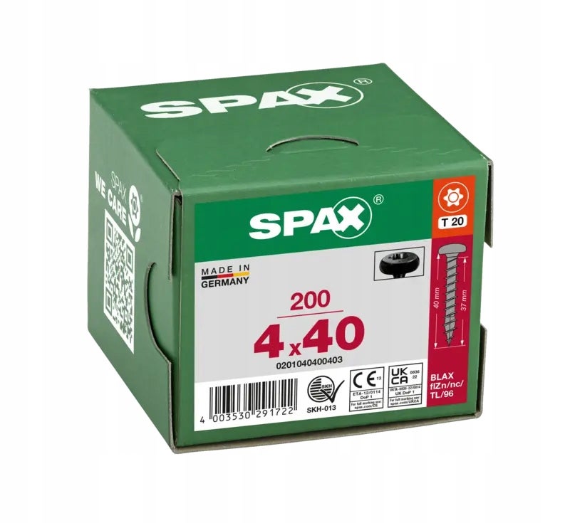 Wkręty do drewna SPAX 4x40mm,pełny gwint, łeb talerzowy, czarne 200szt.