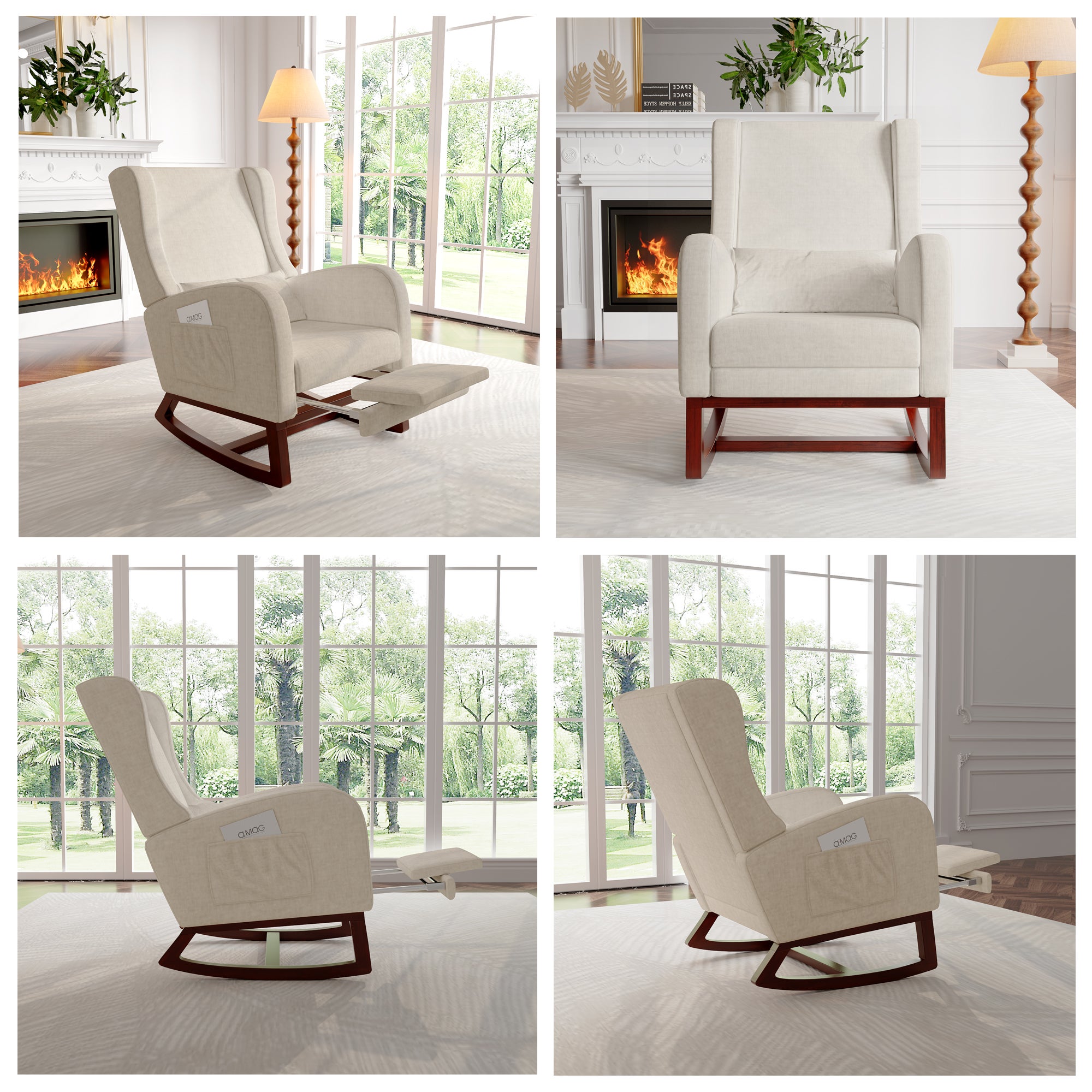 Fauteuil à bascule, avec Repose-jambes télescopique, 2 poches, Oreiller, accoudoirs, Rocking chair de capitonné en lin - Beige - 8