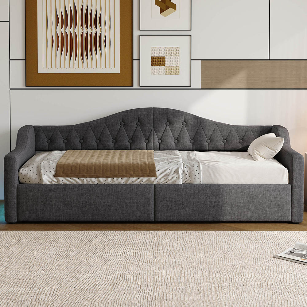 Rozkładana sofa 90 x 200 cm, z paskiem LED, hydraulicznym schowkiem, szara
