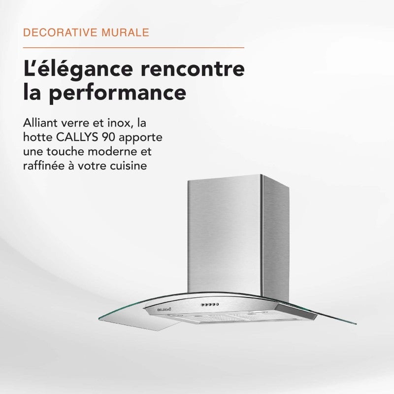HOTTE DECORATIVE MURALE 90 CM - VERRE ET INOX - 559 m3 - 200W - 60dB - 2