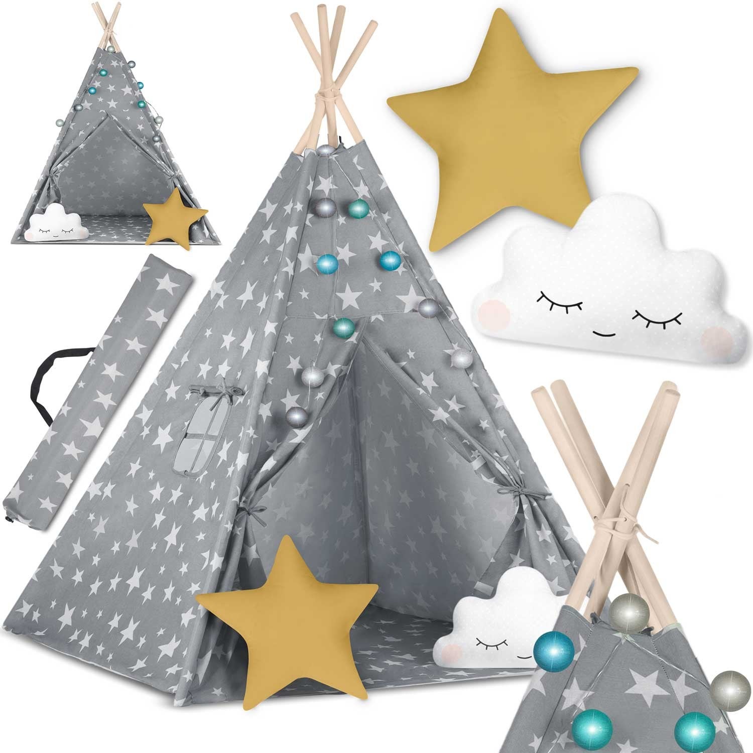 Tipi namiot wigwam dla dzieci Nukido NK-401 poduszki lampki pokrowiec szary