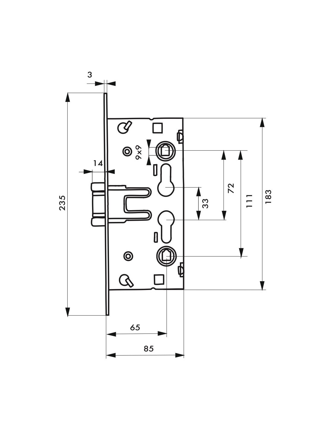 Serratura antipanico reversibile THIRARD - asse 65 mm - quadro 9 - interasse 72 - 1740 - 6