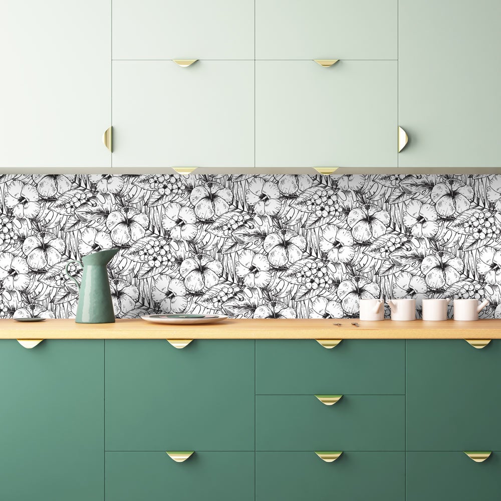 Salpicadero de cocina adhesivo flores doodle blanco y negro - 100 x 40 cm