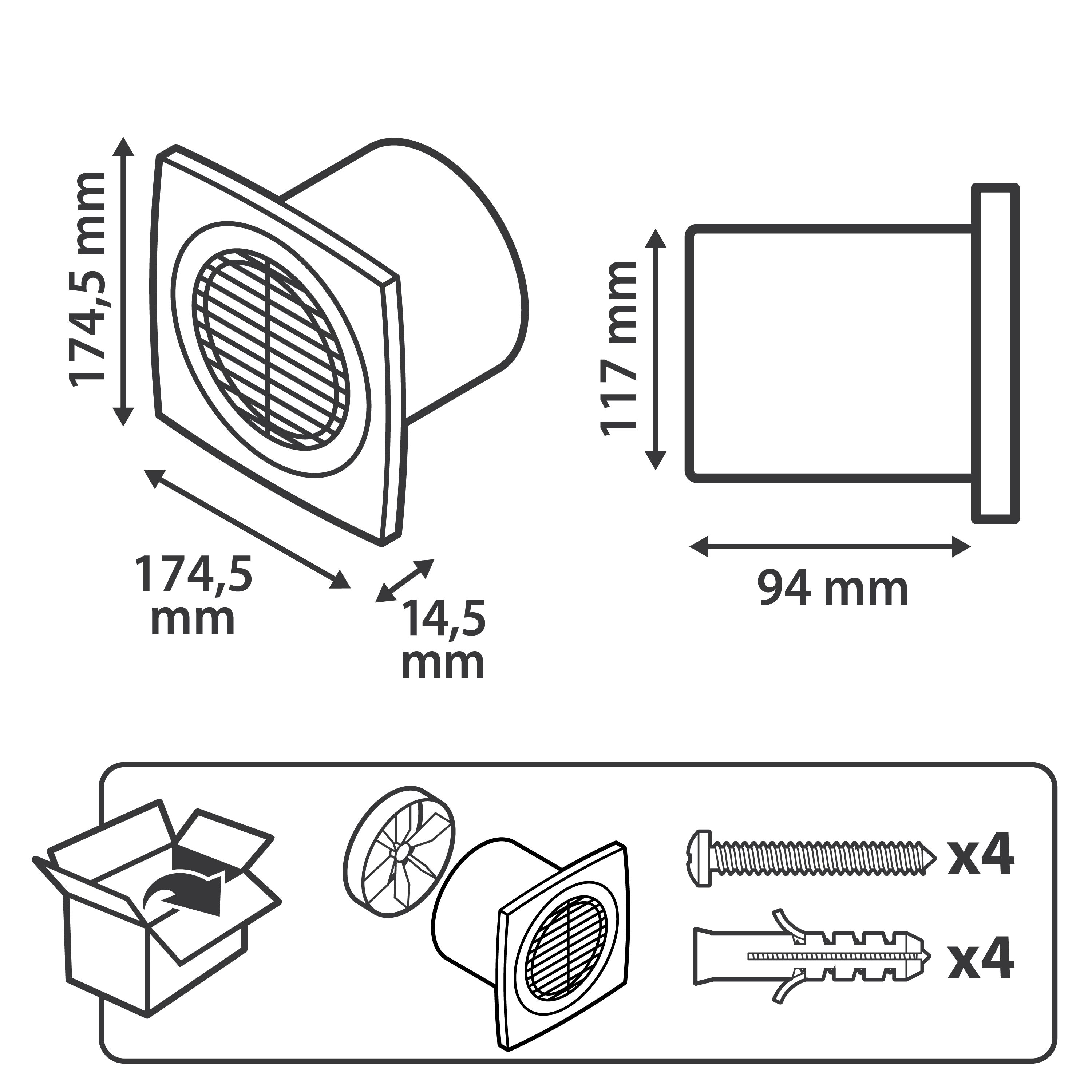 RÓWNANIE - Wentylator wyciągowy przerywany z wyłącznikiem - 175x 175 mm - Ø 120 mm - 12 m² - 130 m3/h - 10 W - 3