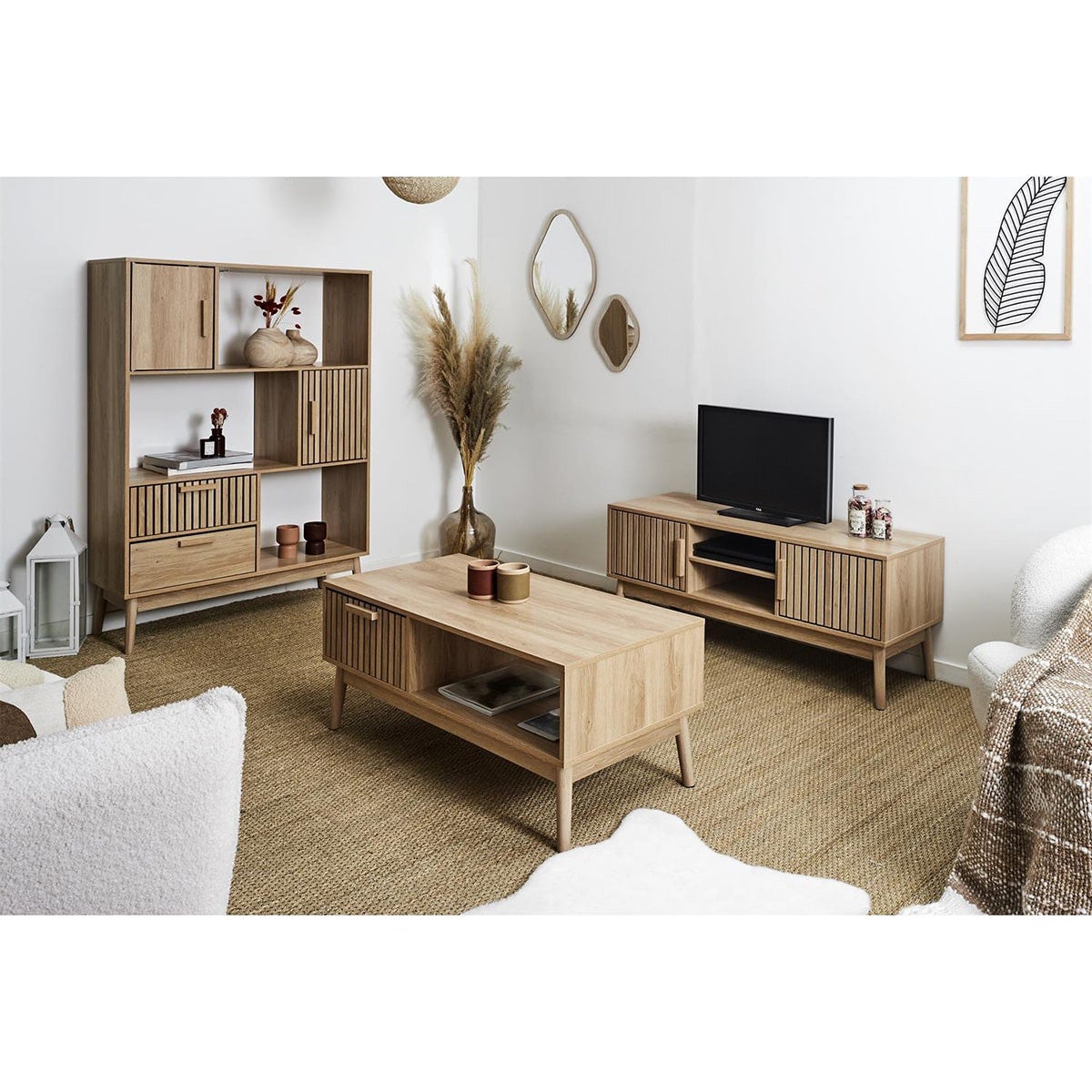 PAJAN - Meuble TV 2 Portes Effet Bois avec Tasseaux - 3