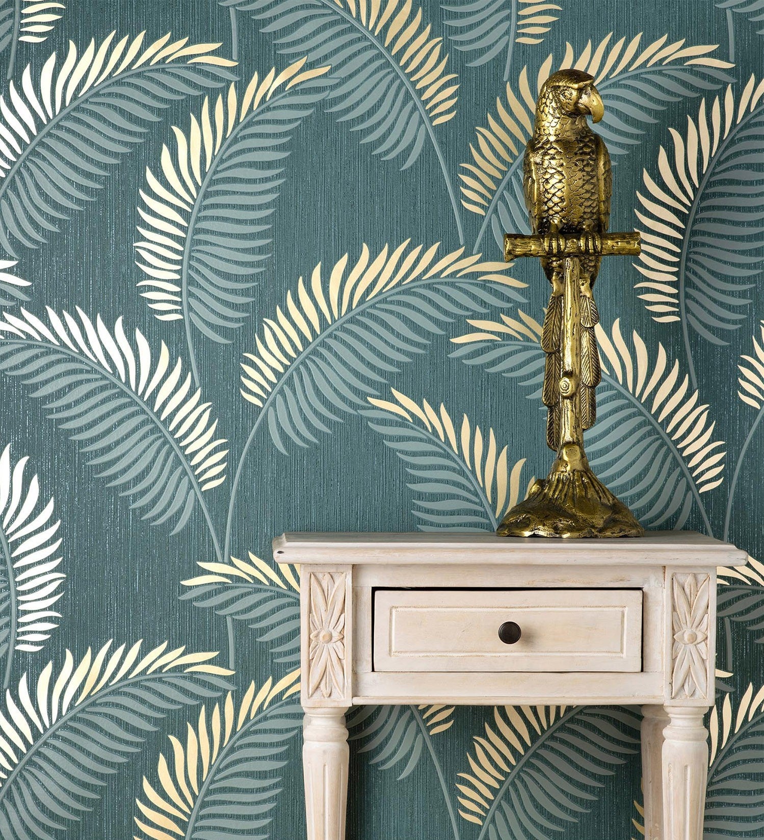 Muestra din a4 de papel pintado vinílico lavable tropical de hojas en relieve y detalles metalizados - alan palmer 681289 de gaulan