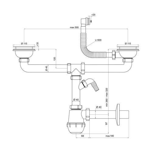 Siphon tubulaire pour évier deux bacs, diam115 mm, avec trop plein rectang/rond et sortie machine à laver / lave-vaisselle - 2