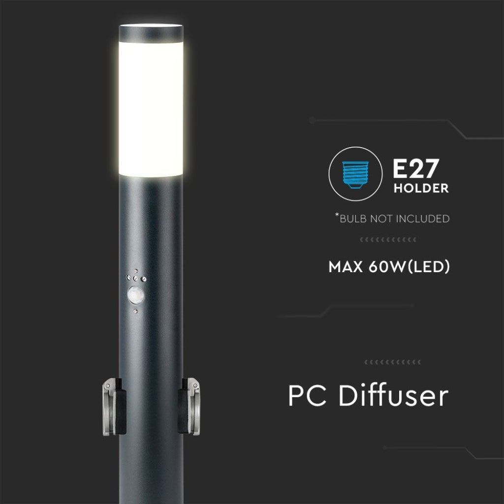 Piantana LED da Giardino 60cm con Portalampada E27 e 2 Prese Schuko e Sensore di movimento (max 60W) Colore Grigio IP44 - 5