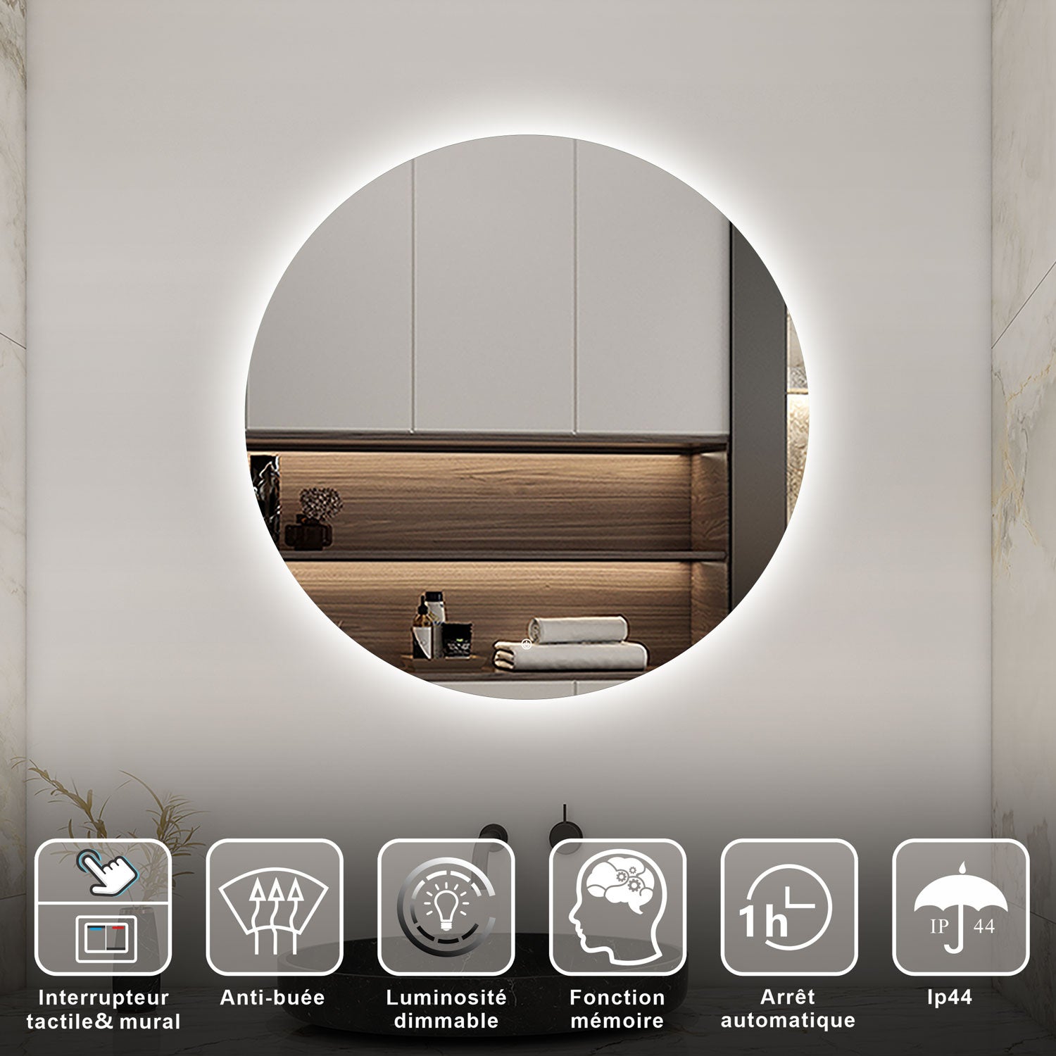 AICA Miroir lumineux rond 60 x 60cm, dimmable + anti-buée + mémoire, miroir salle de bain led - 2