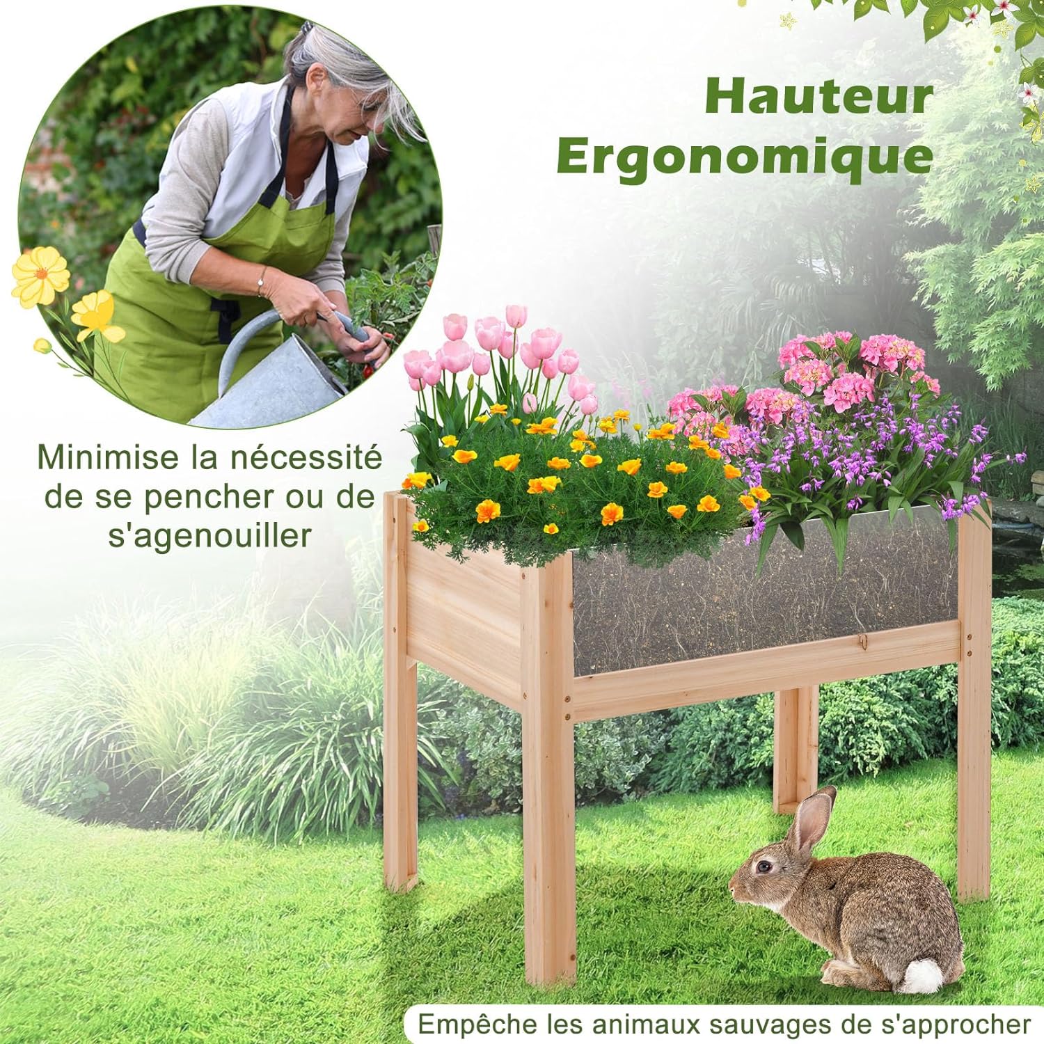 Carré Potager sur Pieds avec Panneau Acrylique, Lit de Jardin Surélevé en Bois, Trous de Drainage, Plates-Bandes Mobiles, 50L - 7