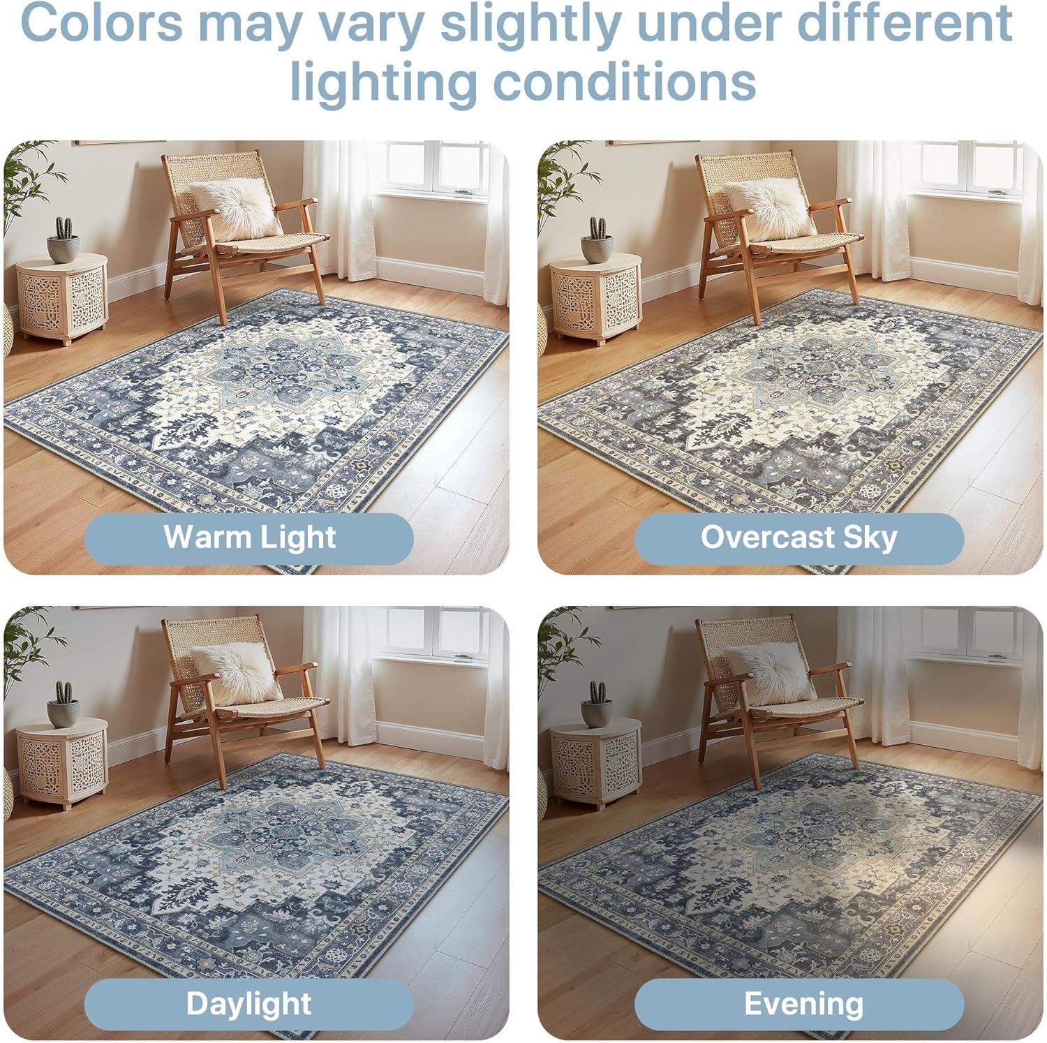 1 tapis de salon vintage bleu foncé, 120 x 160 cm, envers antidérapant, lavable, poils ras, convient pour cuisines, salles à manger, bureaux et chambr - 6