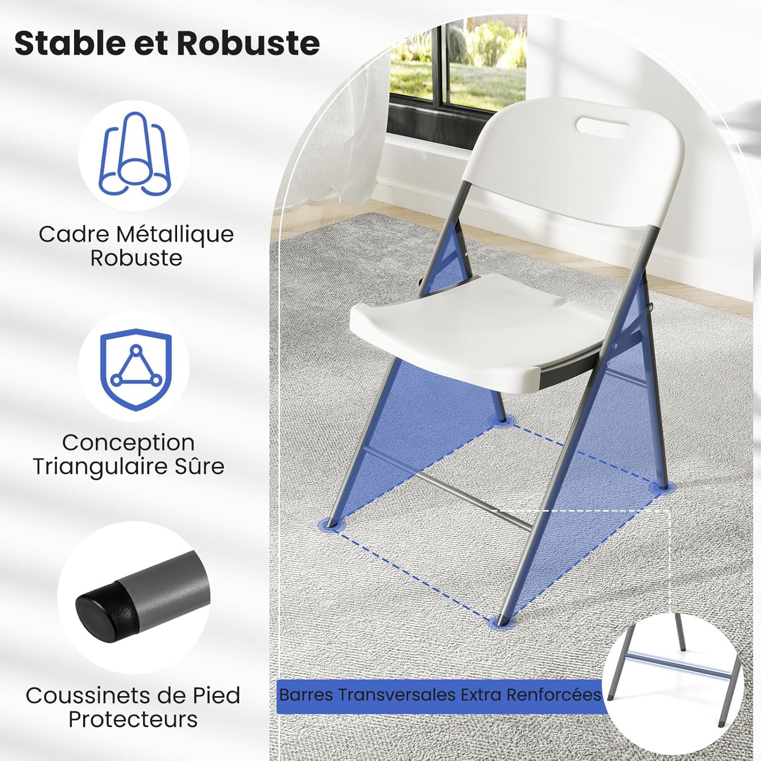 Lot de 4 Chaises Pliantes en Plastique HDPE, Cadre en Métal, Chaises d'Appoint Portables avec Pieds en Métal, Capacité 160 Kg - 6