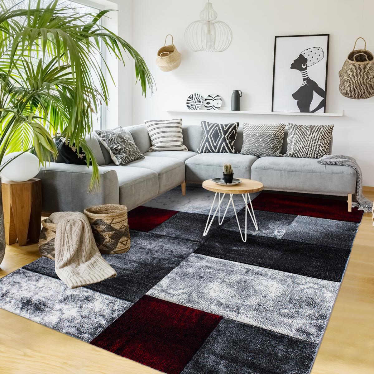 tapis grand salon 200x290 tissé rouge et gris clair motif géométrique - 2