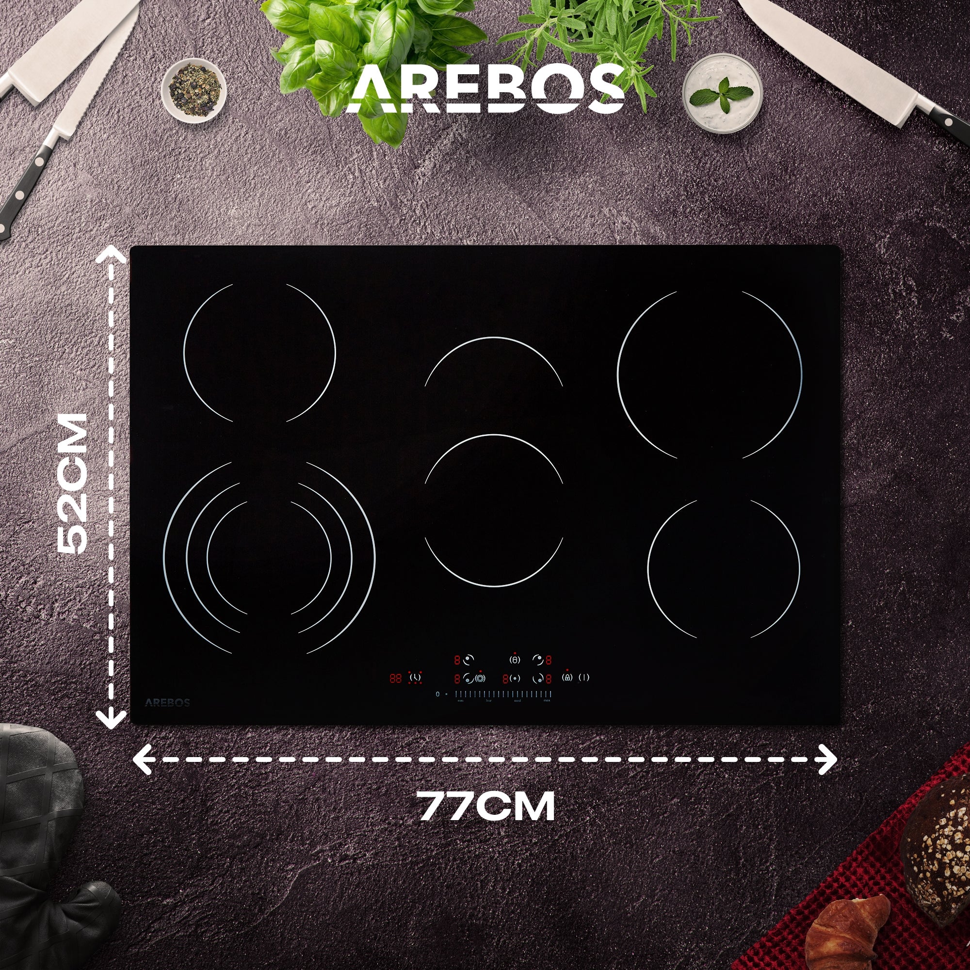 AREBOS Table de cuisson vitrocéramique encastrable 5 zones – 8700W avec minuterie & sécurité enfants - 9