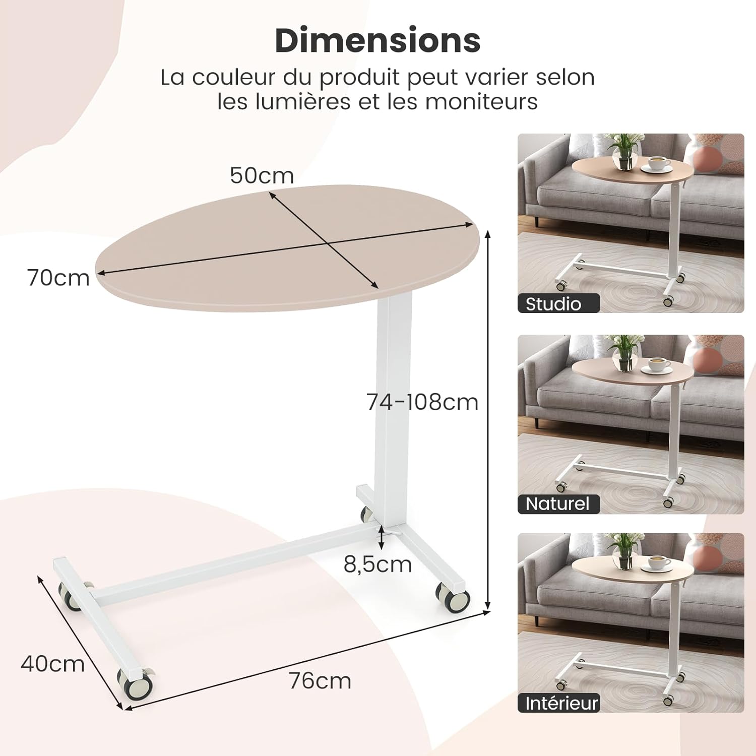 Tavolino da Letto e Divano per PC, Tavolino Regolabile in Altezza con Ruote Bloccabili e Piano Ovale, Tavolino per Mangiare e Lavorare, 76 x 5 - 3