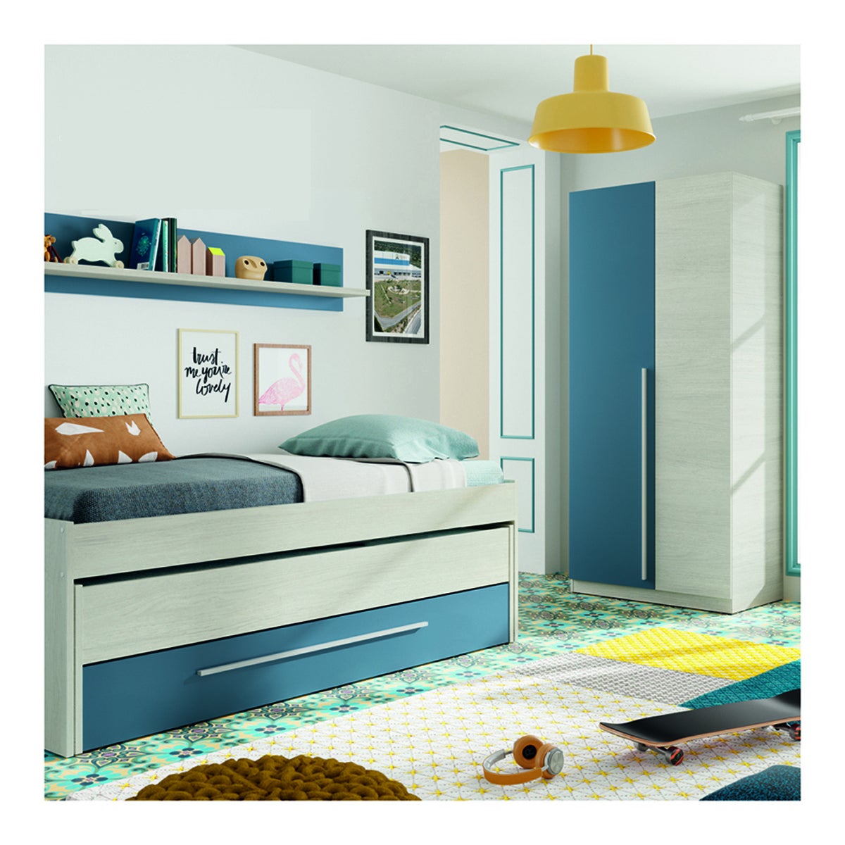 Armoire avec 2 portes coloris Blanc Alpes / bleu en mélamine - Dim : 200 x 90 x 52 cm - 3