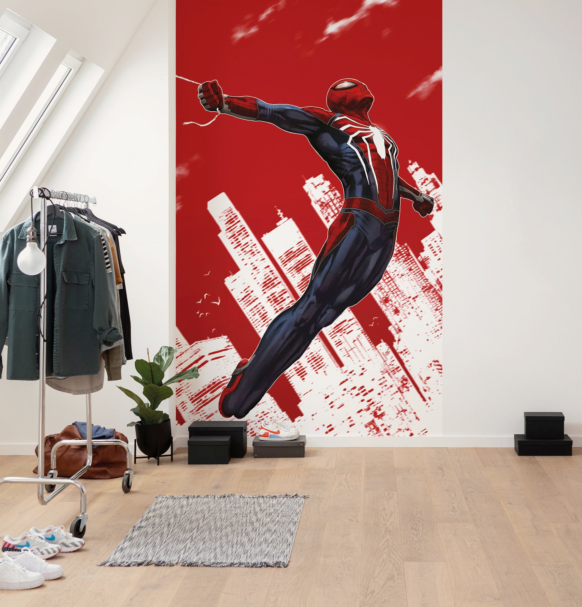 Papel pintado no tejido panorámico de komar - marvel spider-man red swing - talla: 150 x 250 cm