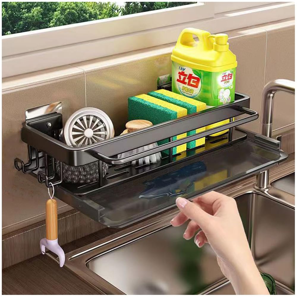Półka ścienna do zlewu kuchennego, bez wiercenia, uchwyt na gąbkę do schludnego zlewu, organizer na naczynia z tacką ociekową (czarny)