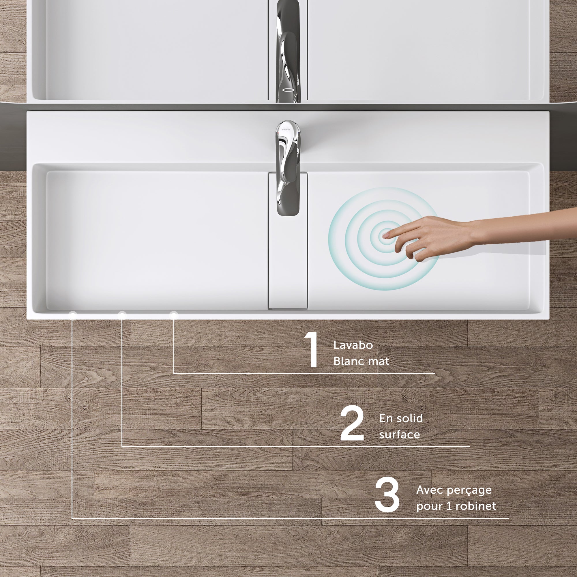 Lavabo Suspendu, Vasque à Poser, Lave-Mains Rectangulaire, 80cm, Blanc Mat, avec Cache Bonde, pour Salle de Bains, Colossum6028 doporro - 2