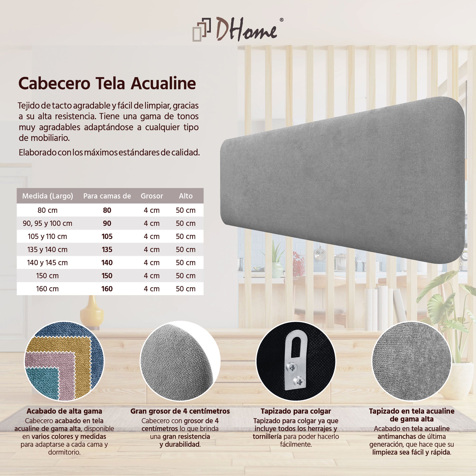 DHOME Cabecero Tapizado Liso Redondeado Tela para Pared Acústicos Cabeceros Absorbentes Cabezal Cama Dormitorio (Gris, 160cm) - 4