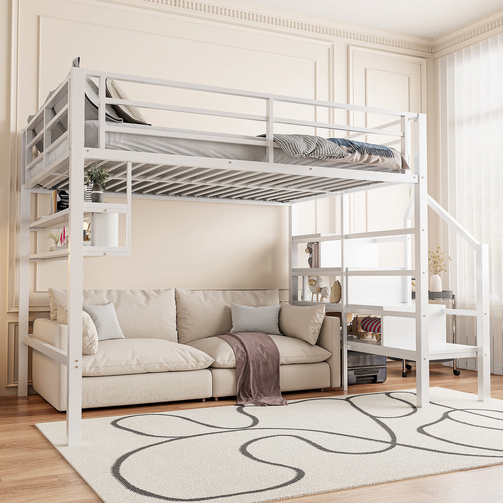 Lit mezzanine 140 x 200 cm avec étagères de rangement et échelle - Métal - Blanc (sans matelas) - 4