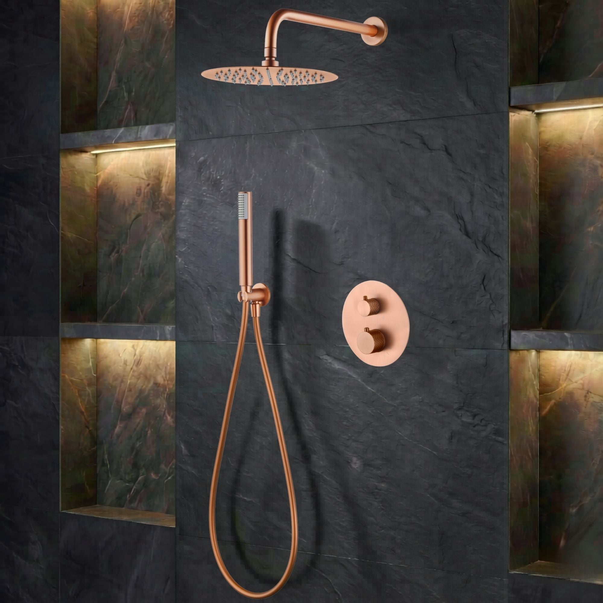 Ducha Empotrada Termostática IMEX En Oro Rosa – Columna Con Rociador Efecto Lluvia Y Sistema Antical, Fabricada En Latón Y Acero Inoxidable 304