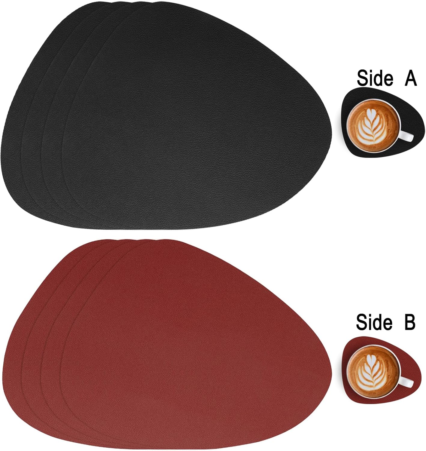 Sets de table et dessous de verre en cuir, double face, antidérapants, lavables et imperméables (rouge et noir, lot de 6) - 2