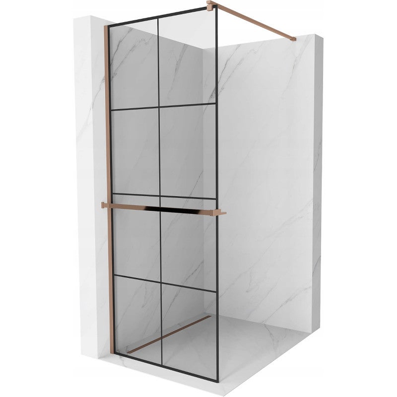 Mexen Kioto+ ścianka prysznicowa z półką Walk-in 70 x 200 cm, czarna kratka, różowe złoto - 800-070-121-60-77