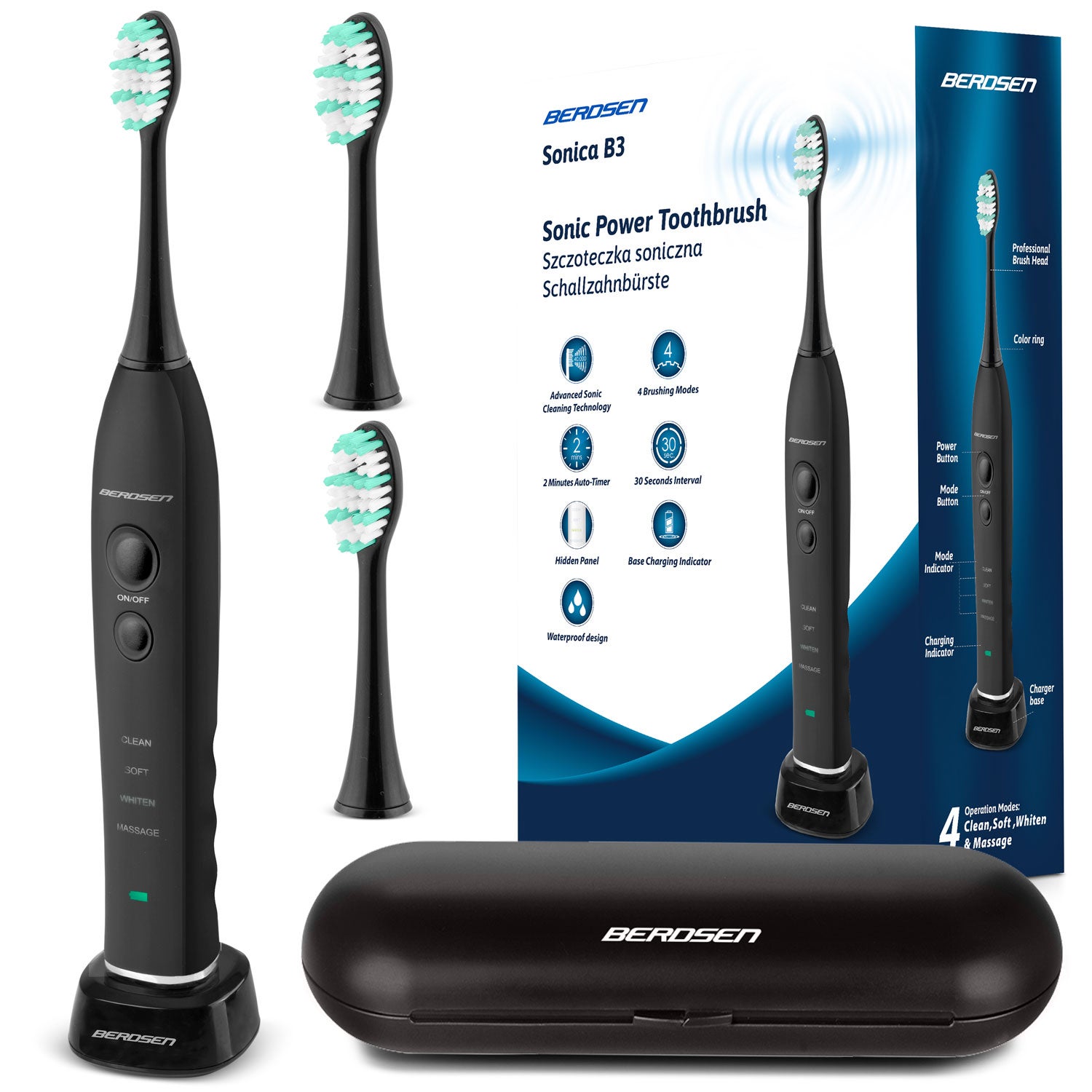 Szczoteczka soniczna do zębów Berdsen Sonica B3 czarny + etui 5163-5191