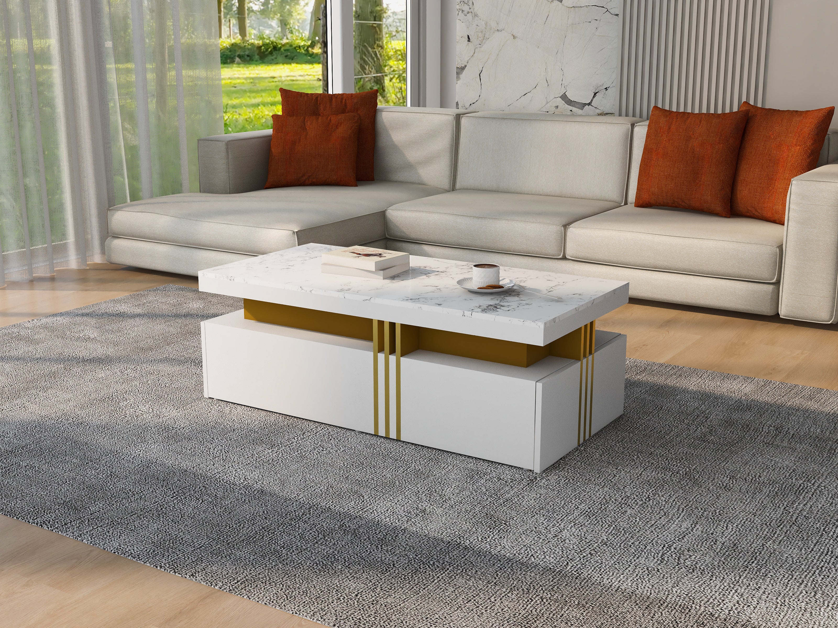 Table basse rectangulaire avec 2 tiroirs - 100x50x40 cm - panneaux de particules - plateau marbré, pour salon - blanc - 6