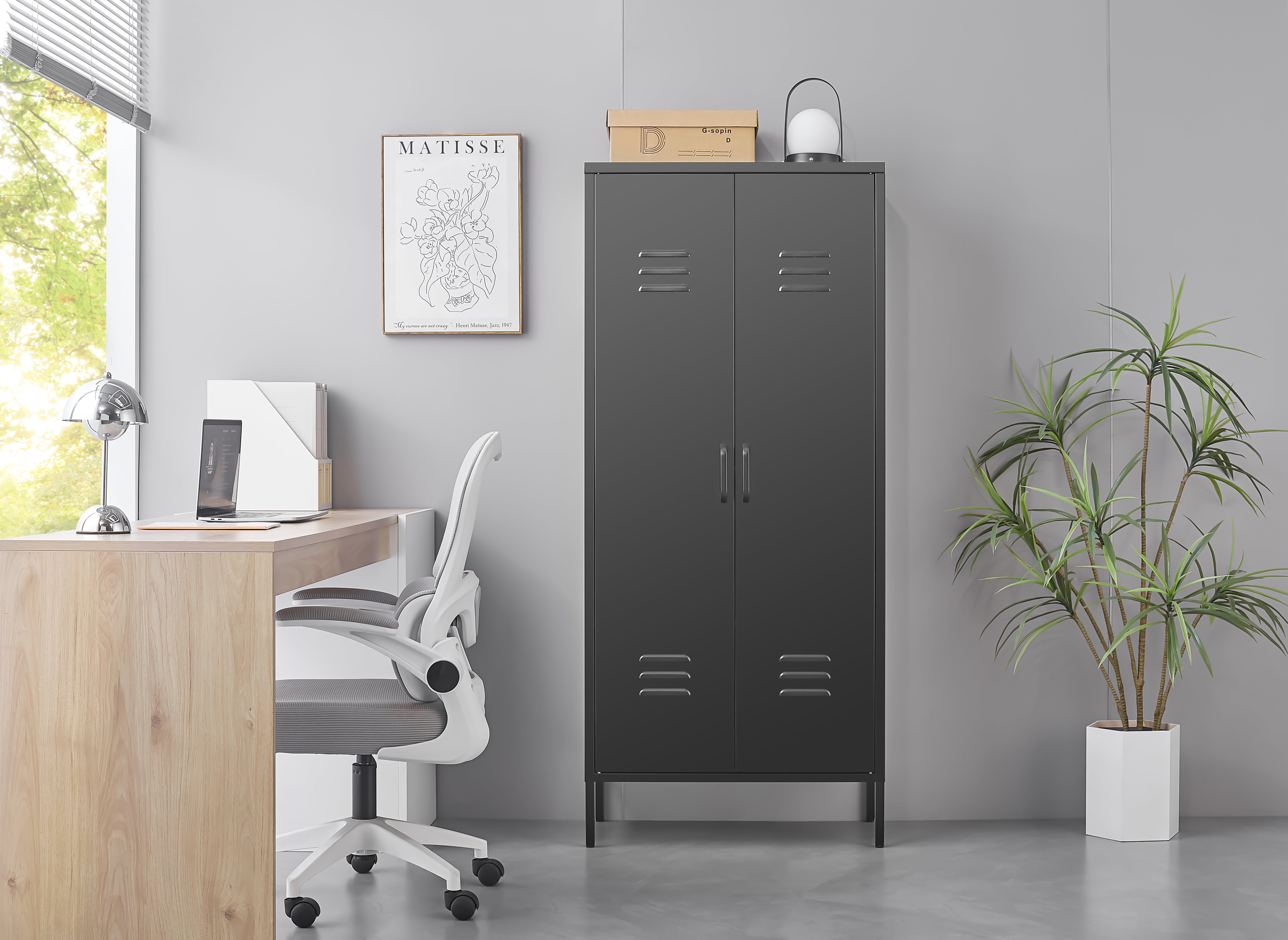 Armario alto de metal negro con 2 puertas y estantes ajustables, armario utilitario multifuncional para oficina en casa, cuarto de servicio y garaje. - 5