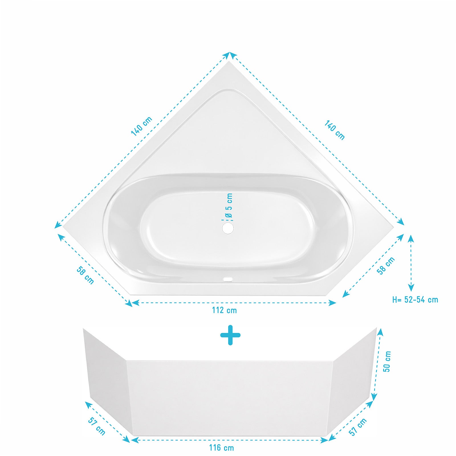 Pack Baignoire d'angle 140x140x54 cm avec Tablier recoupable - Blanc Brillant - MARINA - 5
