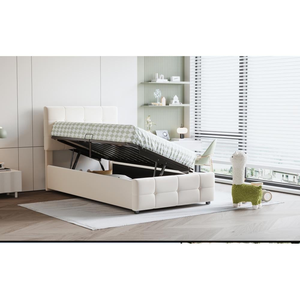 Letto per bambini 90x200 con contenitore idraulico, testiera regolabile, letto box alto in morbido velluto. - 5