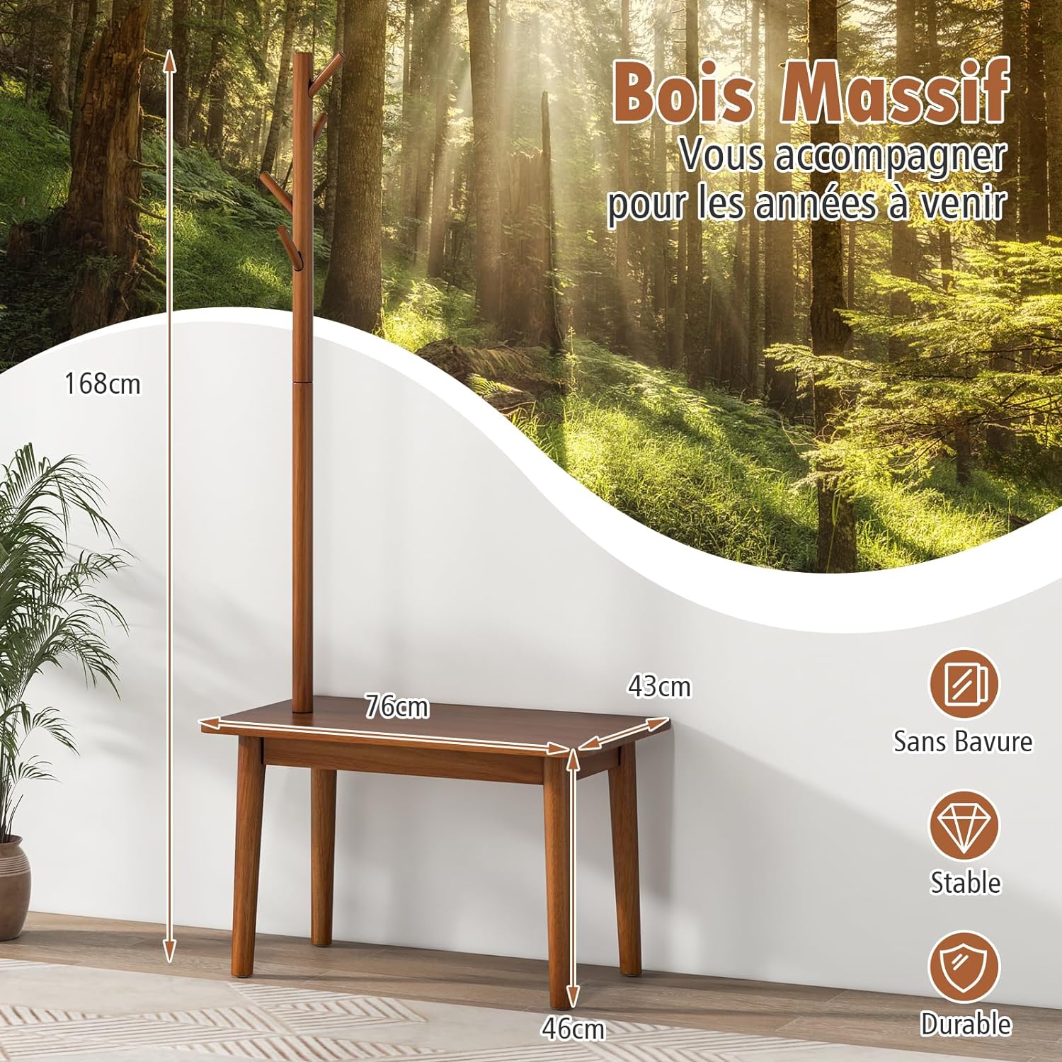 Porte-Manteau Bois avec Banc, Porte Manteau d'Entrée avec Table d'Appoint, 4 Crochets Arrondis, en Bois, pour Chapeau - 3
