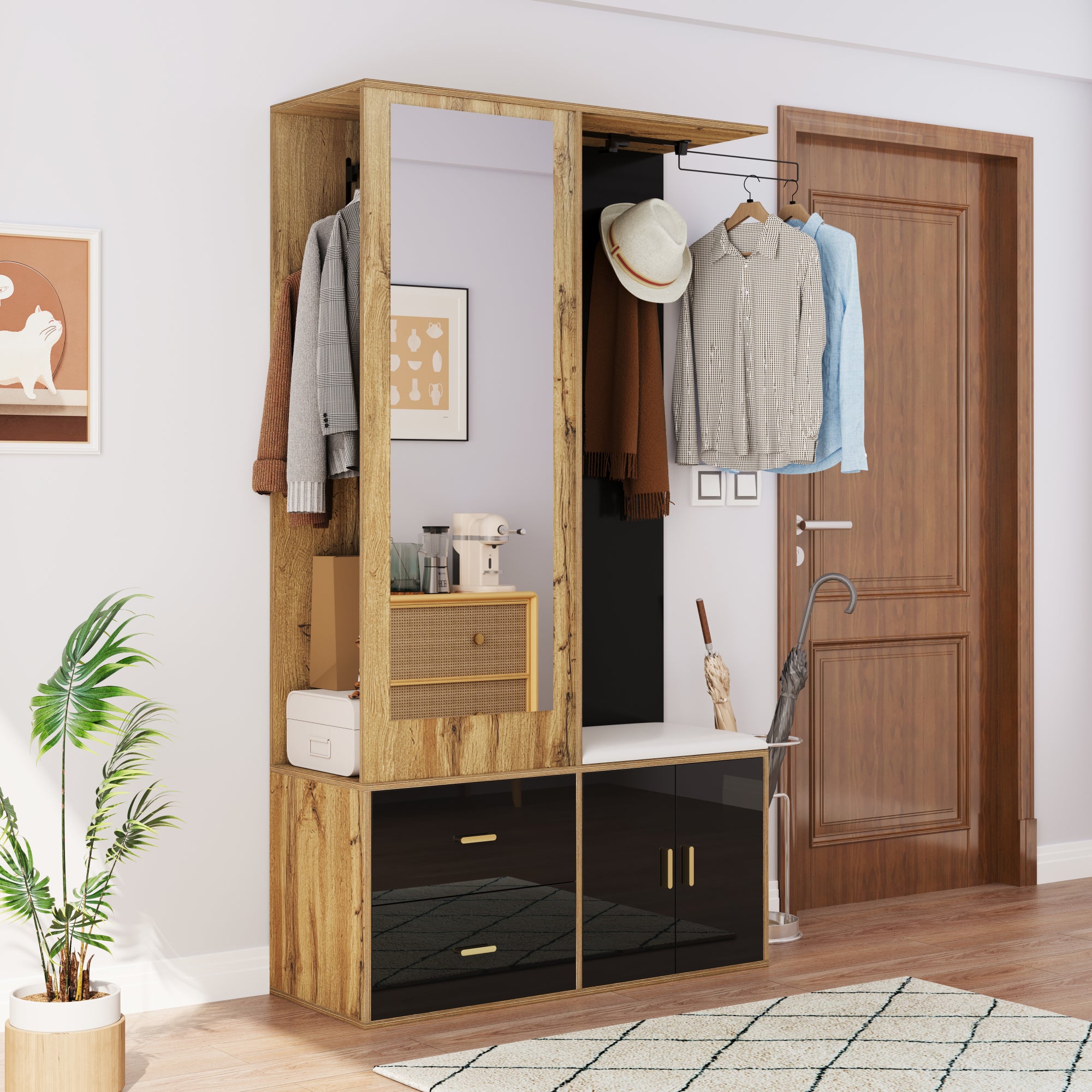 Szafka na buty + ława + szafa z lustrem - 2 drzwi i 2 szuflady - 100x38x180cm - Płyta wiórowa - Czarny i naturalny