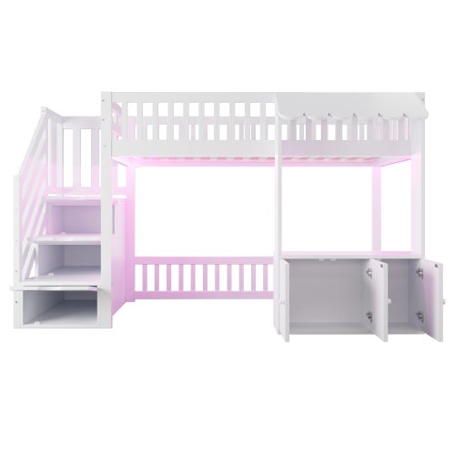 Lit superposé Enfant 90X200 avec armoire et LED, Lit mezzanine avec escalier de rangement et sommier à lattes, Blanc(Sans Matelas) - 8
