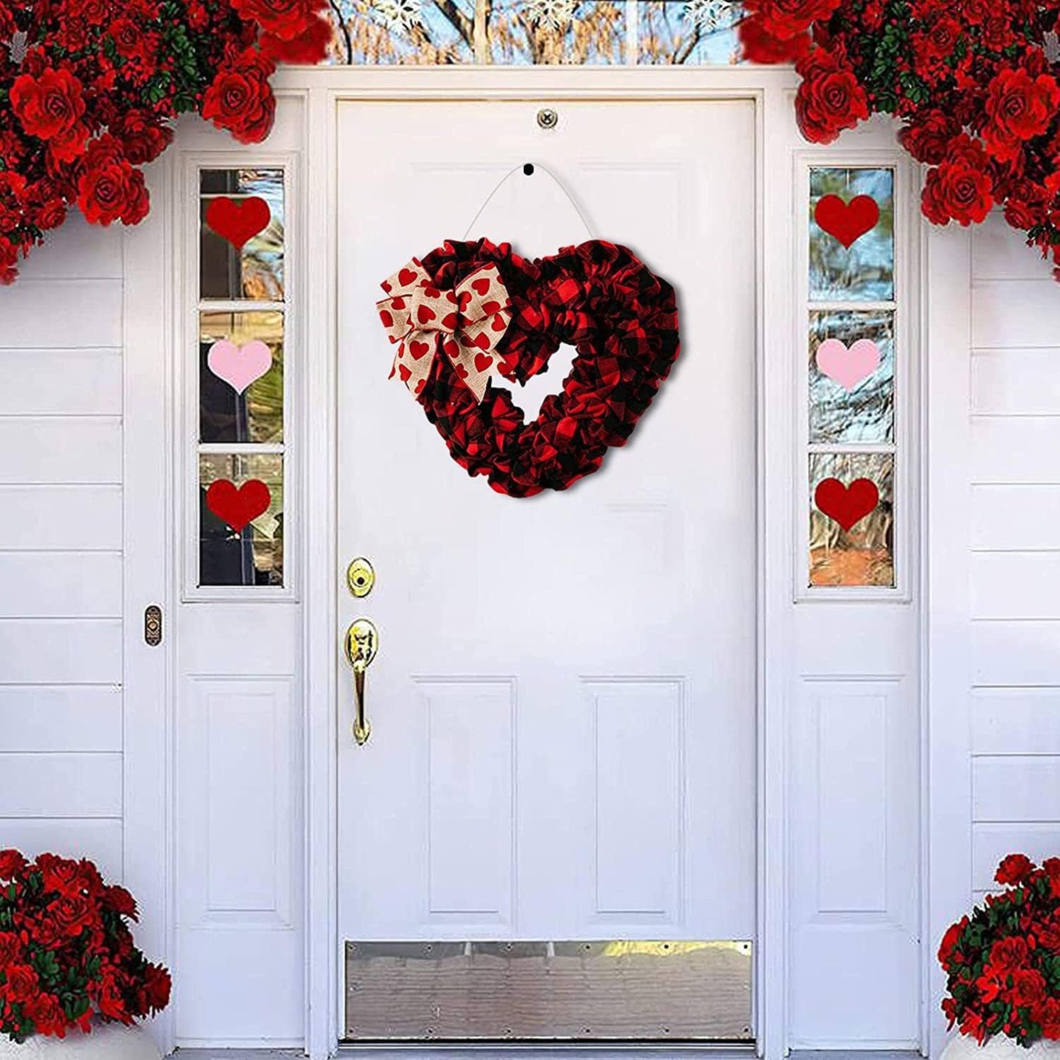 Ghirlanda a cuore di San Valentino, ghirlanda per porta a cuore rosso con fiocco scozzese - 5