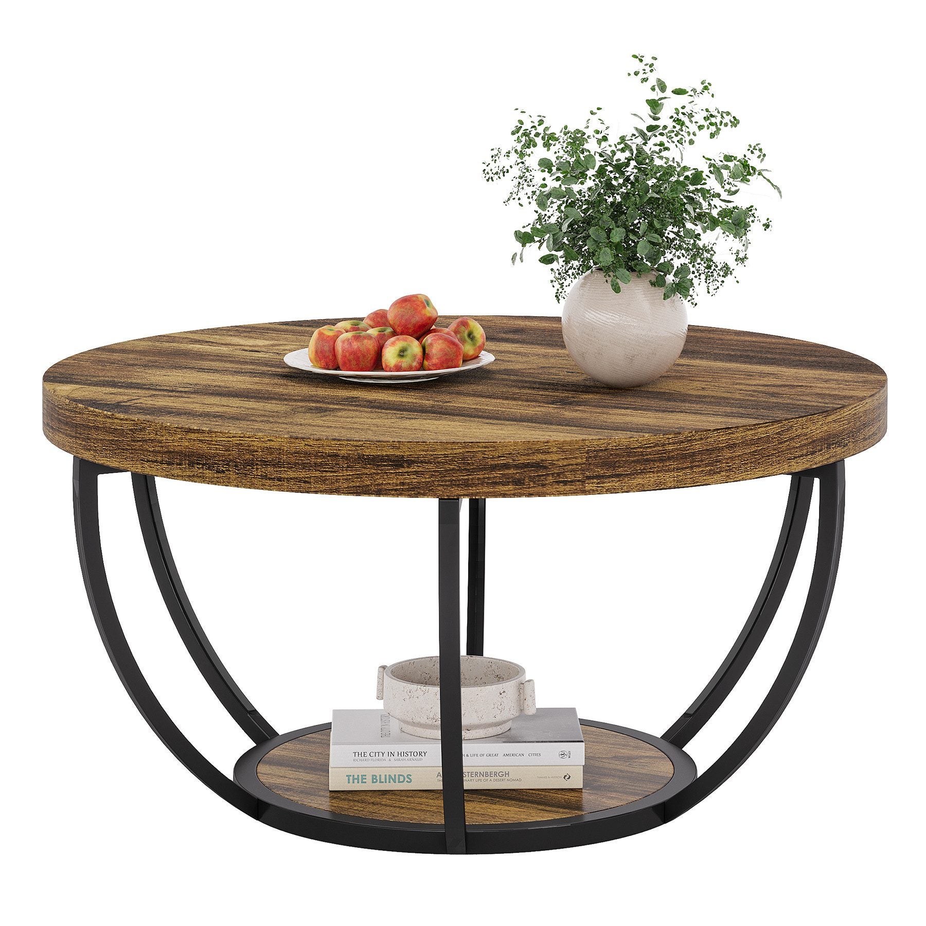 HSH Tavolino Da Caffè Rotondo Nero, Design Ondulato, In Legno, 2 Ripiani, Diametro 80 Cm, Per Soggiorno E Appartamento