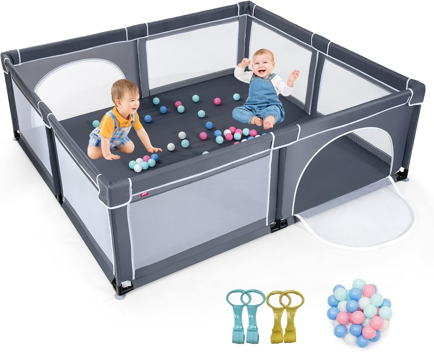 Kojec dla Dzieci w Wieku od 10 Miesięcy do 6 Lat, z Siatki z Piłeczkami i 4 Pierścieniami, Centrum Aktywności dla Dzieci (206×186×68cm, Ciemnoszary)