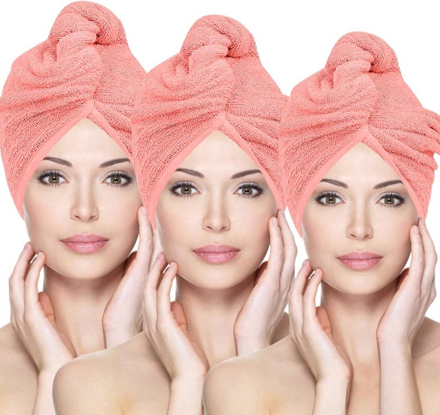 Bandeau turban en microfibre, super absorbant, séchage rapide des cheveux, design à boutons, rose, 3 pièces